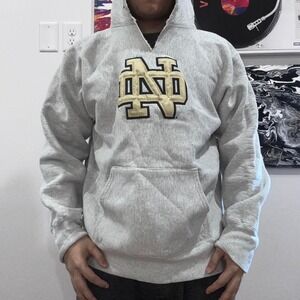 Vintage Notre Dame ND Reverse Weave Style Hoodie Gray Embroidered Logo  Large